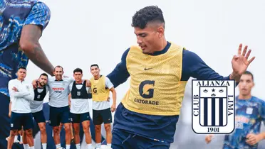 Jeriel De Santis entrenando con Alianza Lima y debajo algunos jugadores blanquiazules
