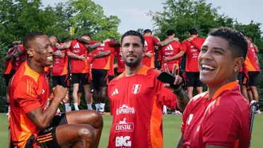 Advíncula, Peña y Cartagena, detrás los jugadores de la Bicolor reunidos