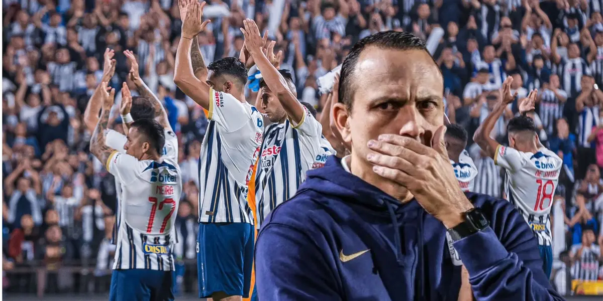 Alejandro Restrepo tapándose la boca y detrás jugadores de Alianza Lima saludando a su hinchada