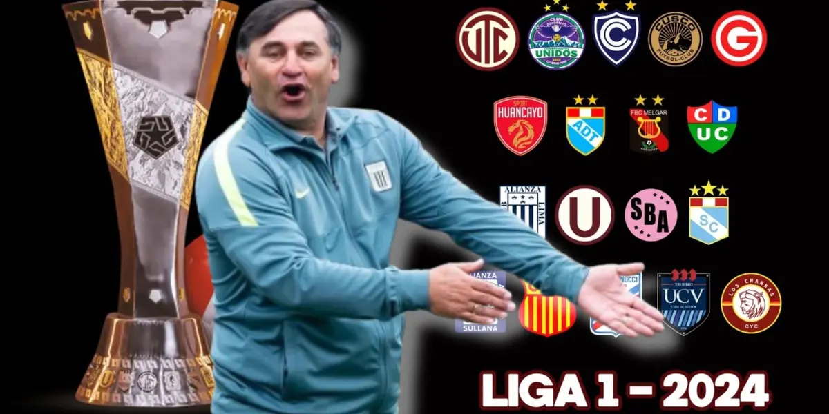 Carlos Bustos con la casaca de Alianza Lima y detrás los clubes de la Liga 1 2024