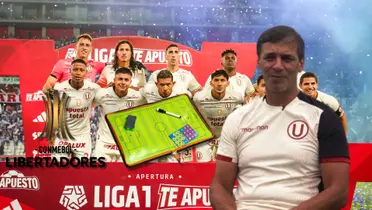 Fabián Bustos y el 11 titular de Universitario de Deportes en un partido de Liga 1