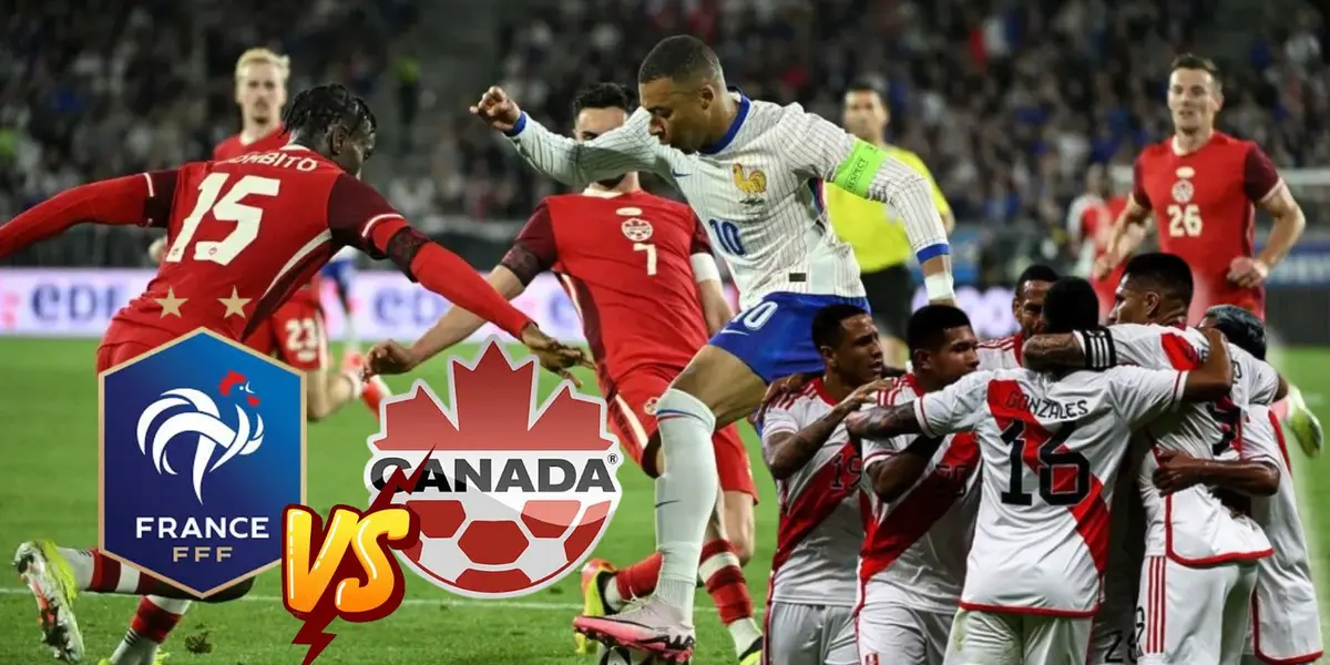 Francia vs Canadá y debajo jugadores de la Selección Peruana abrazados