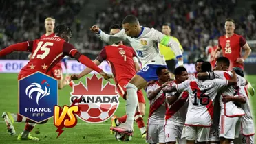 Francia vs Canadá y debajo jugadores de la Selección Peruana abrazados