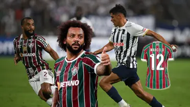 Jesús Castillo disputando una acción de juego vs Fluminense y delante Marcelo con el pulgar arriba