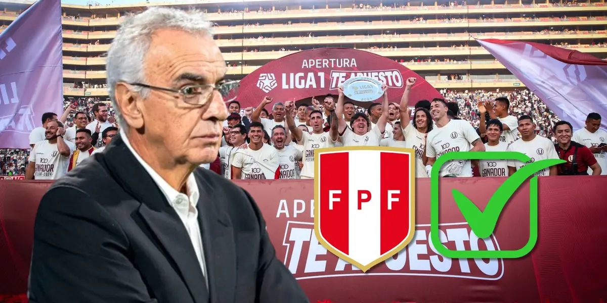 Jorge Fossati observando y detrás Universitario de Deportes festejando el título del Torneo Apertura