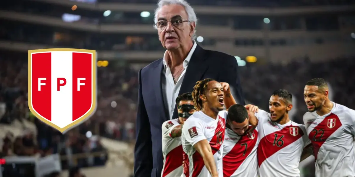 Jorge Fossati y debajo jugadores de la Selección Peruana festejando