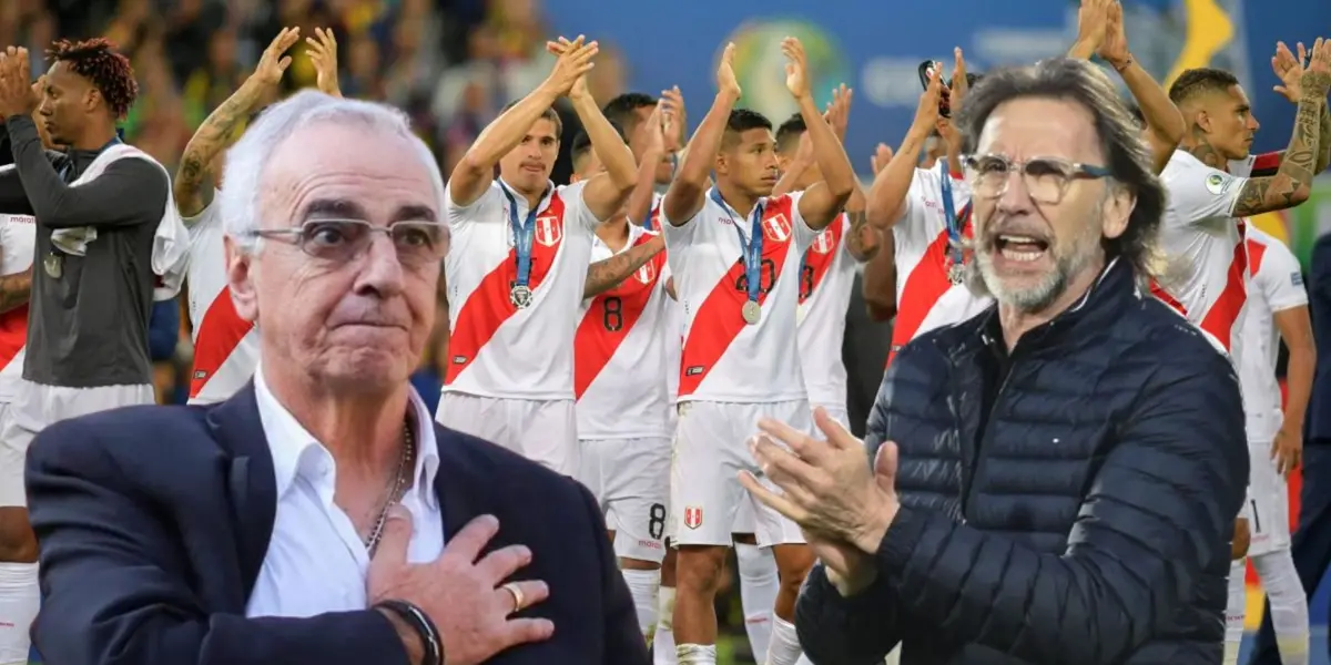 Jorge Fossati y Ricardo Gareca, detrás jugadores de la Selección Peruana saludando
