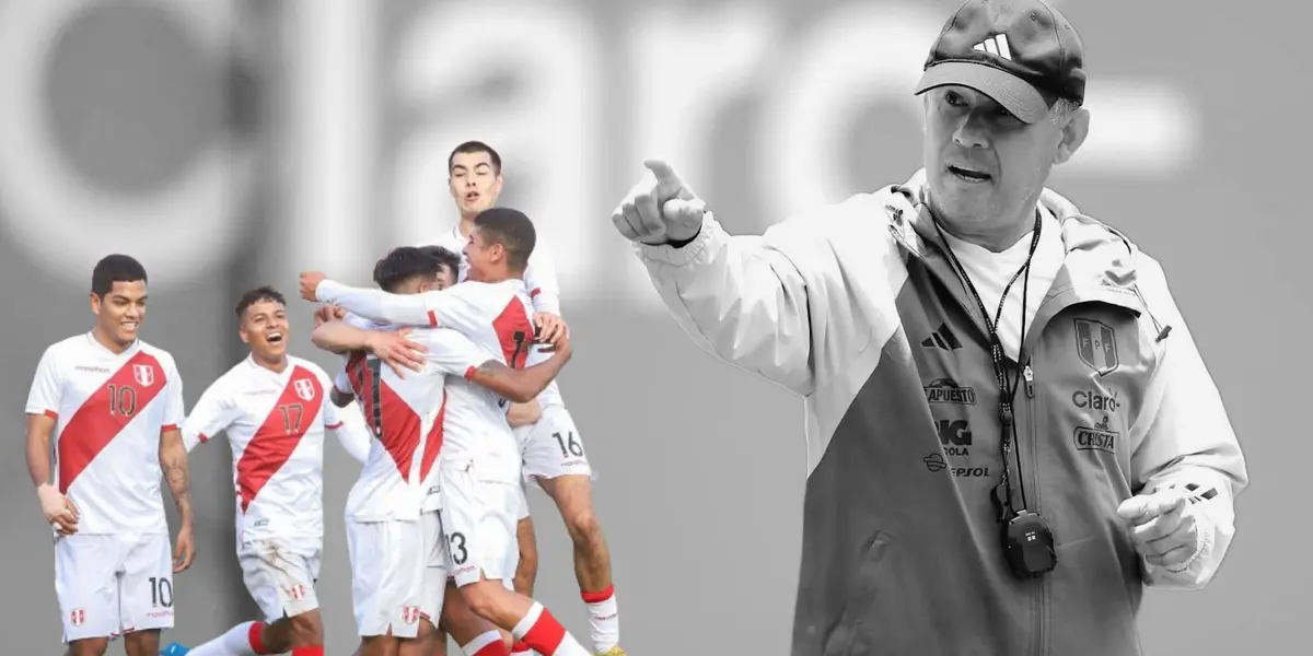 Juan Reynoso dando indicaciones en Videna y debajo jugadores de la Selección Peruana Sub-20