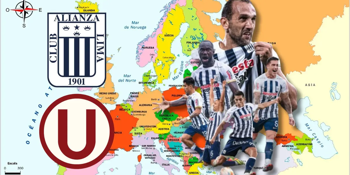 Jugadores de Alianza Lima en un collage y de fondo el mapa de Europa