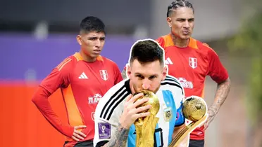 Lionel Messi besando el Mundial, Piero Quispe y Guerrero viendo serios (Foto: Andina) 