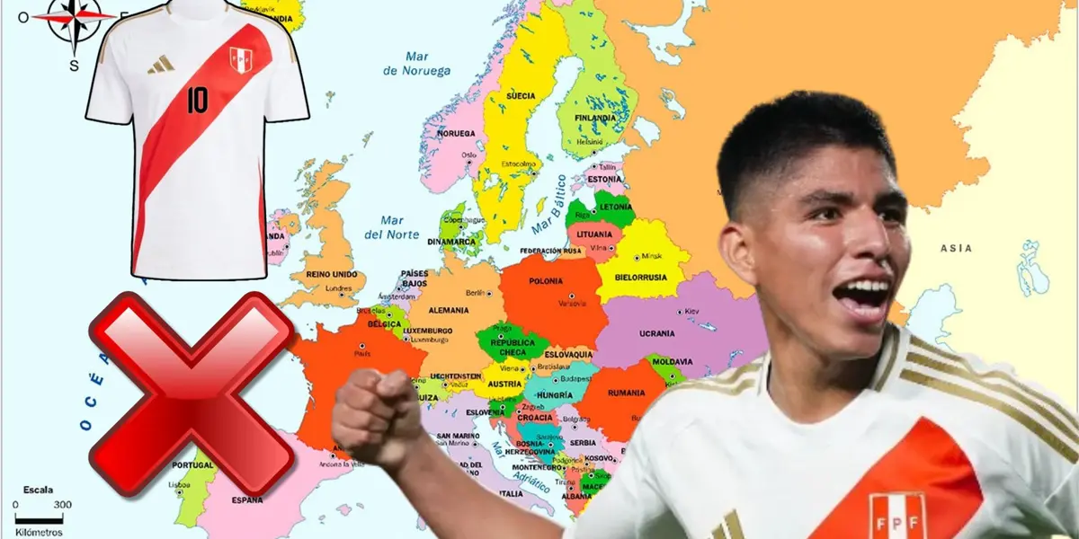 Piero Quispe con la camiseta Bicolor y detrás el mapa de Europa