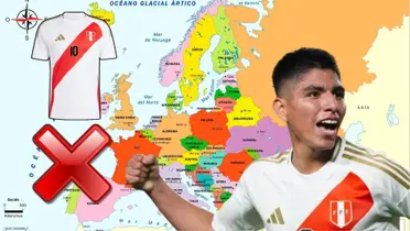 Piero Quispe con la camiseta Bicolor y detrás el mapa de Europa