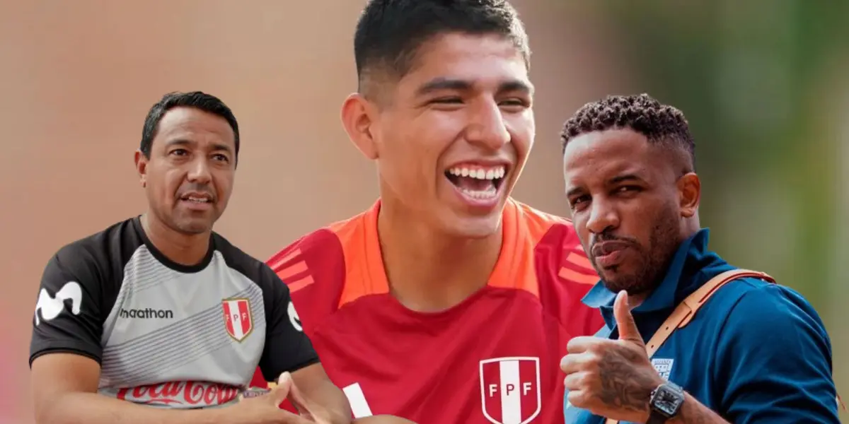 Piero Quispe sonriendo, Nolberto Solano y Jefferson Farfán