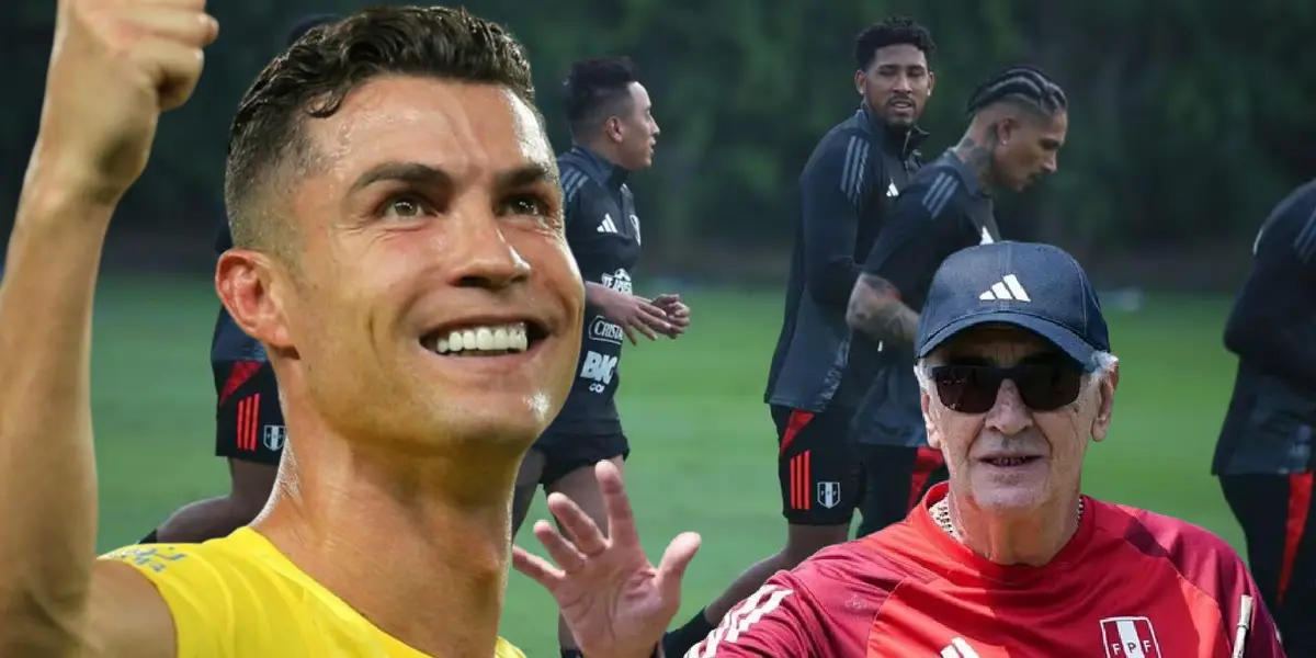 Selección Peruana entrenando, Fossati y Cristiano Ronaldo con la mano levantada 