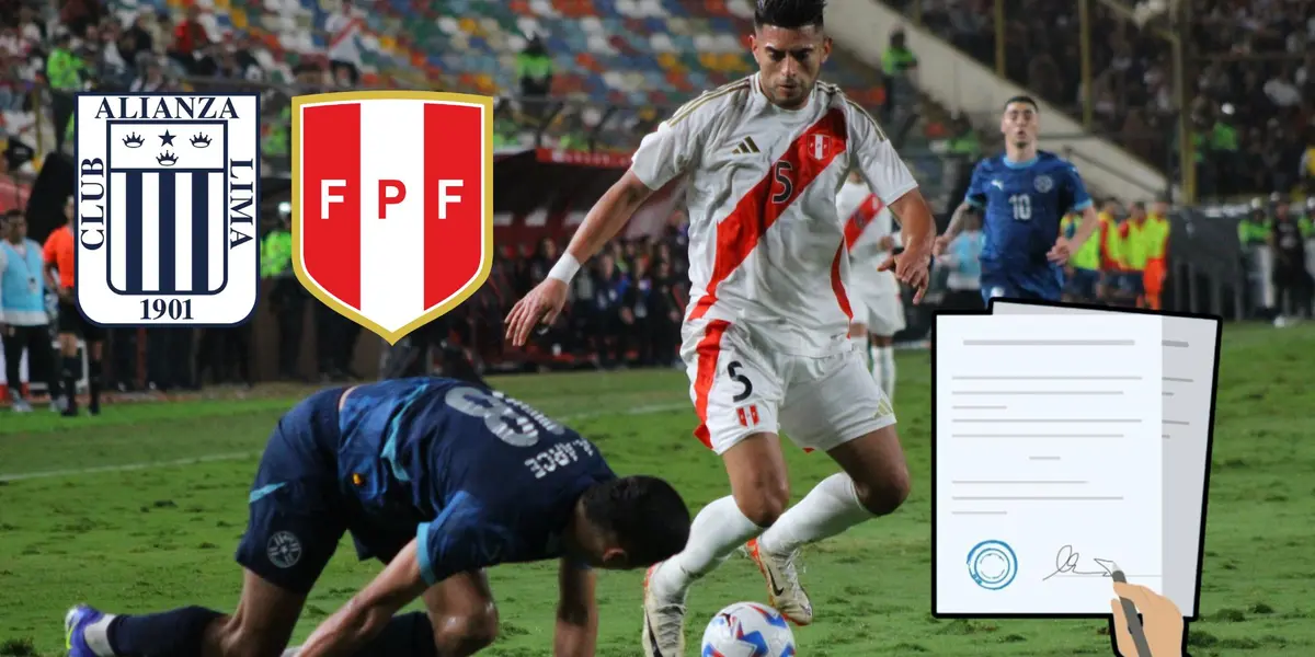 Zambrano disputando una acción de juego con Arce en el Perú vs Paraguay