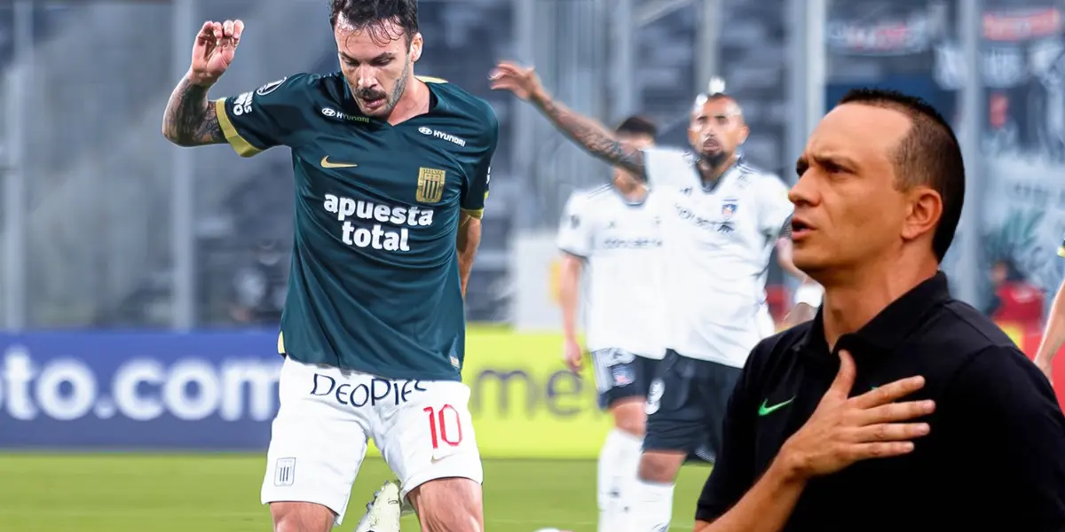 Alejandro Restrepo con la mano al pecho y Rodríguez luchando el balón (Foto: Alianza Lima)