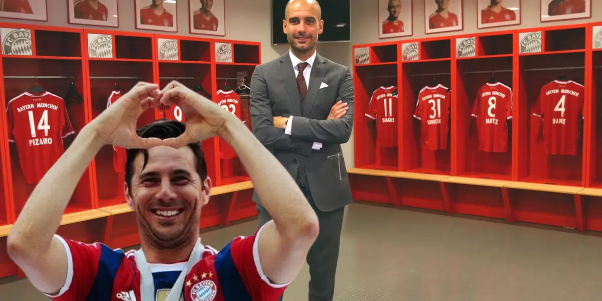 Claudio Pizarro celebrando con el Bayern Múnich y detrás Pep Guardiola en el vestuario bávaro