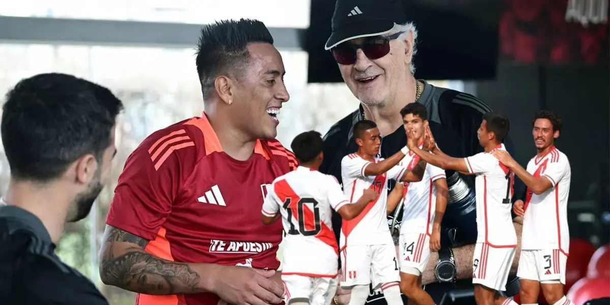 Cueva y Fossati riendo en Videna, al lado jugadores de la Selección Peruana Sub-23