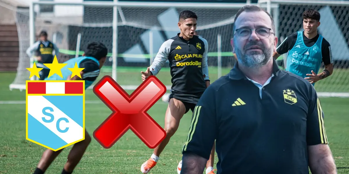 Enderson Moreira y detrás un entrenamiento de Sporting Cristal en La Florida