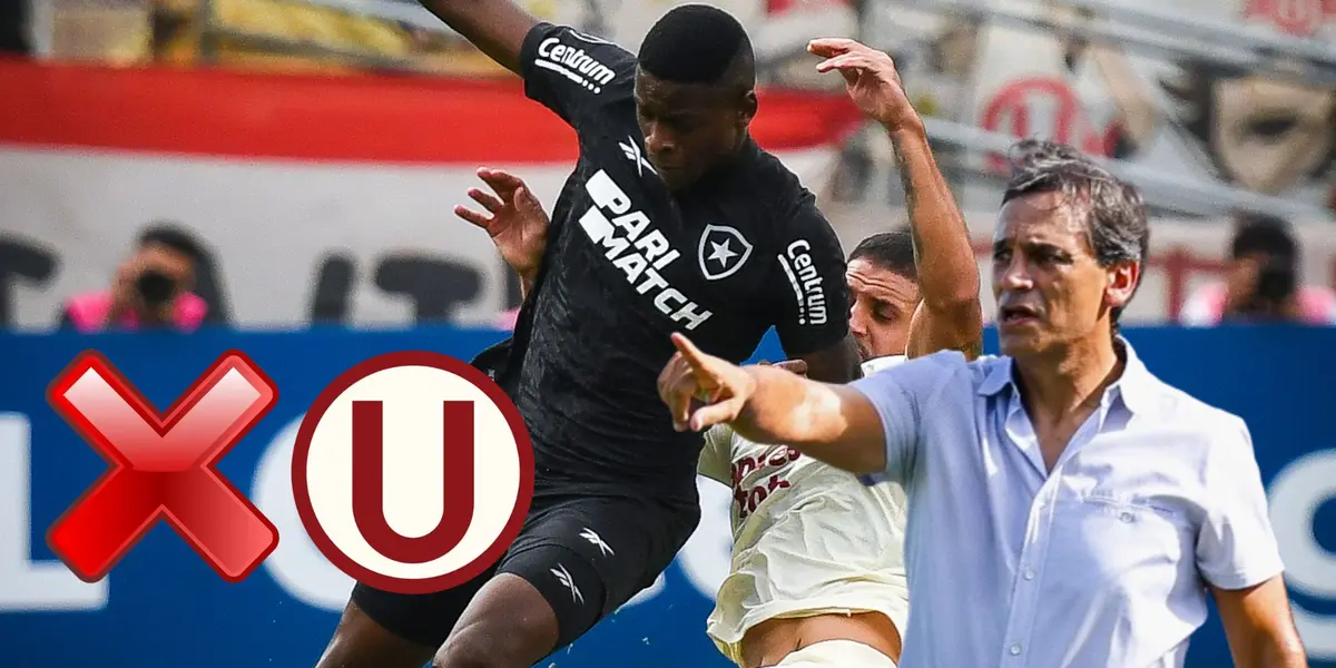 Fabián Bustos señalando y detrás una acción de juego en el Universitario vs Botafogo