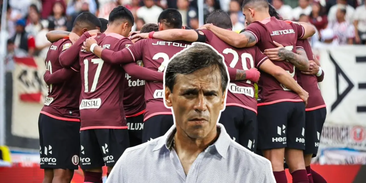 Fabián Bustos serio y los jugadores de Universitario abrazados (Foto: Universitario) 