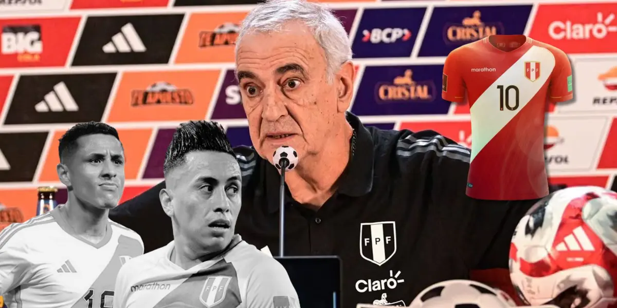 Fossati en conferencia de prensa, debajo Yotún y Cueva en blanco y negro