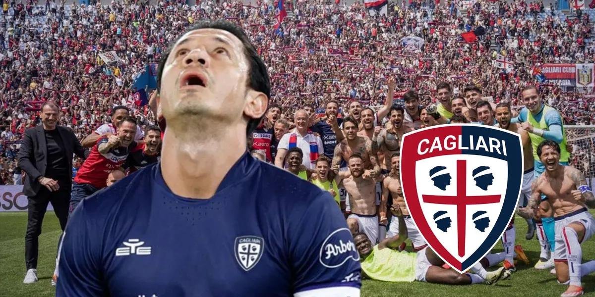 Gianluca Lapadula mirando arriba y detrás los jugadores de Cagliari celebrando en la cancha