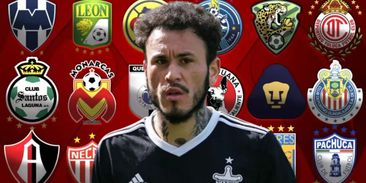 Gustavo Dulanto con la camiseta del Sheriff Tiraspol y de fondo los clubes de la Liga MX