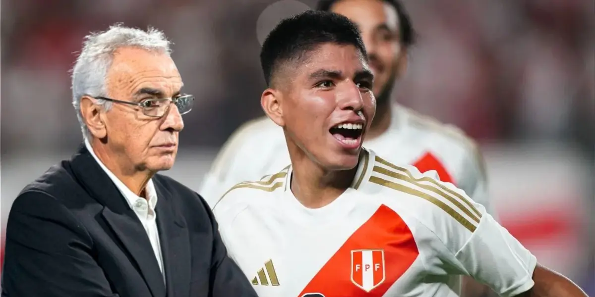 Jorge Fossati observando y Piero Quispe festejando un gol con la Selección Peruana