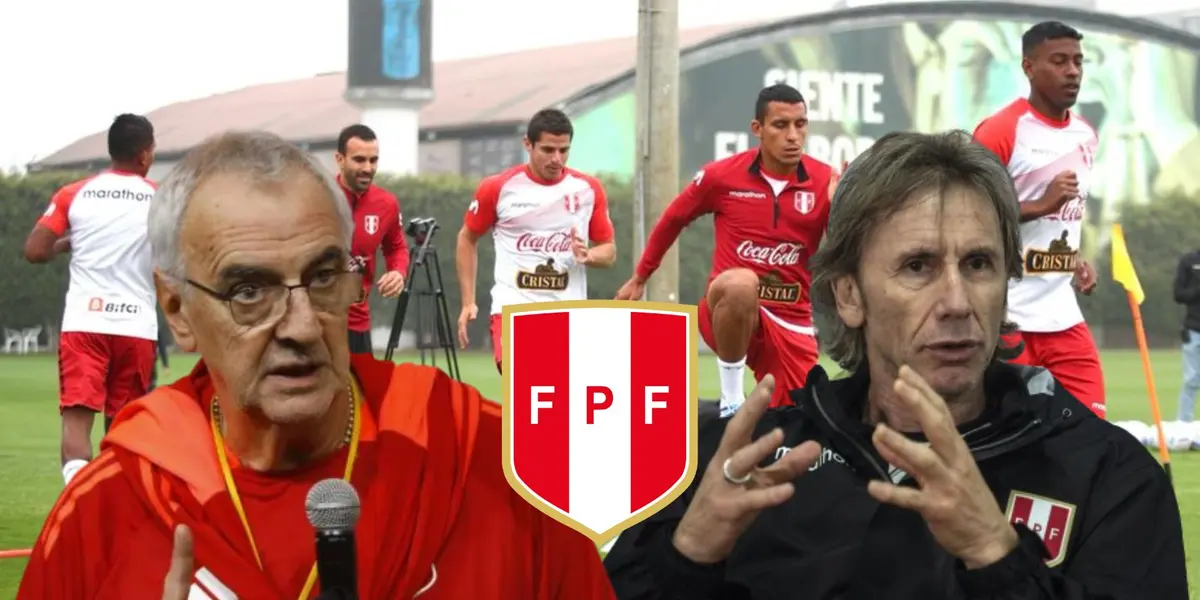 Jorge Fossati, Ricardo Gareca y detrás jugadores de la Selección Peruana entrenando en Videna