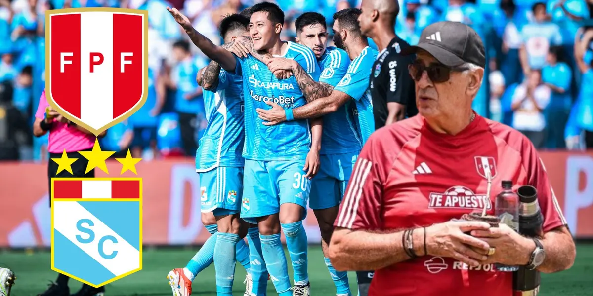 Jugadores de Sporting Cristal celebrando uno de los goles de hoy y debajo Jorge Fossati observando