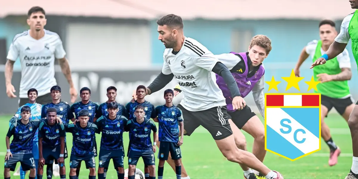 Jugadores de Sporting Cristal entrenando y delante una categoría menor del club