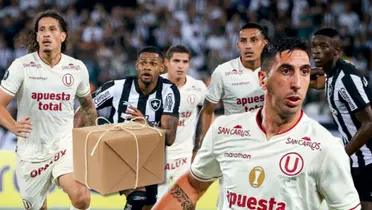 Jugadores de Universitario disputando una jugada vs Botafogo y delante Diego Dorregaray