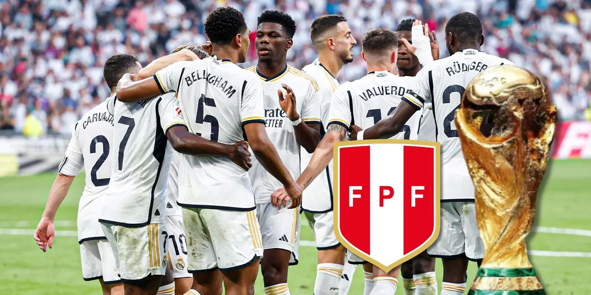 Jugadores del Real Madrid celebrando, el logo de la FPF y la Copa del Mundo