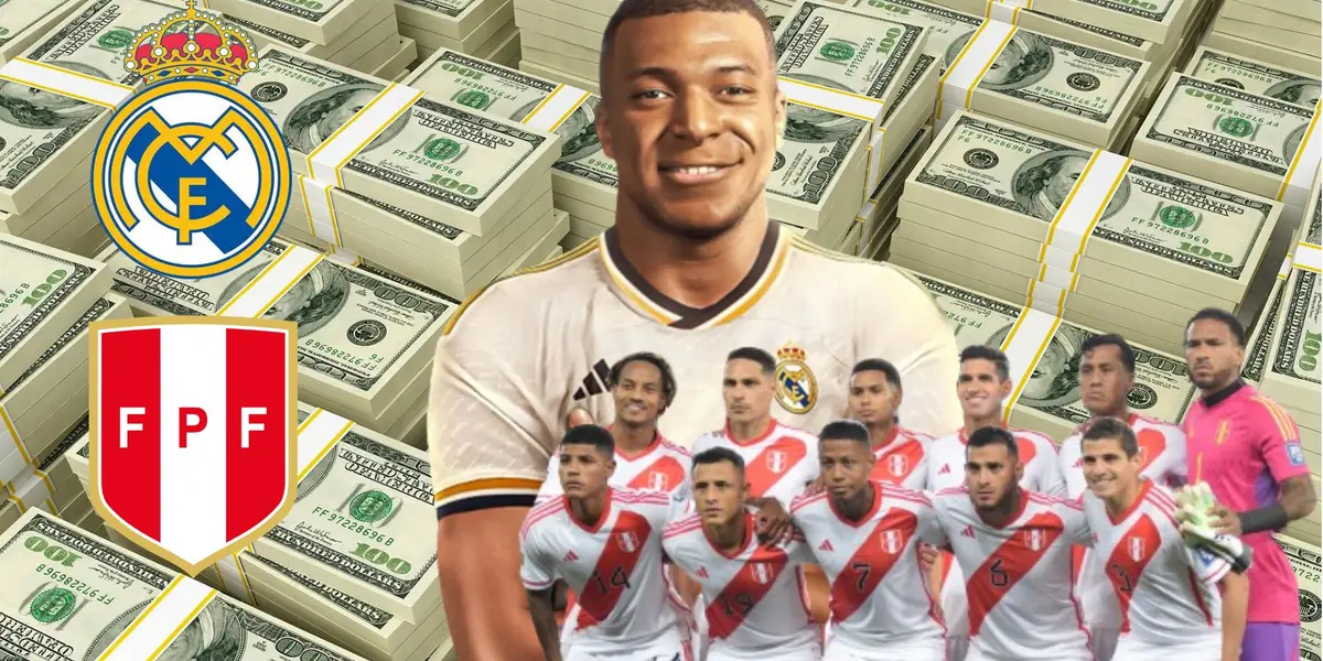 Kylian Mbappé con la camiseta de Real Madrid y debajo la Selección Peruana