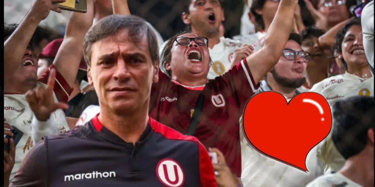 La hinchada crema celebrando y Fabián Bustos posando para las cámaras