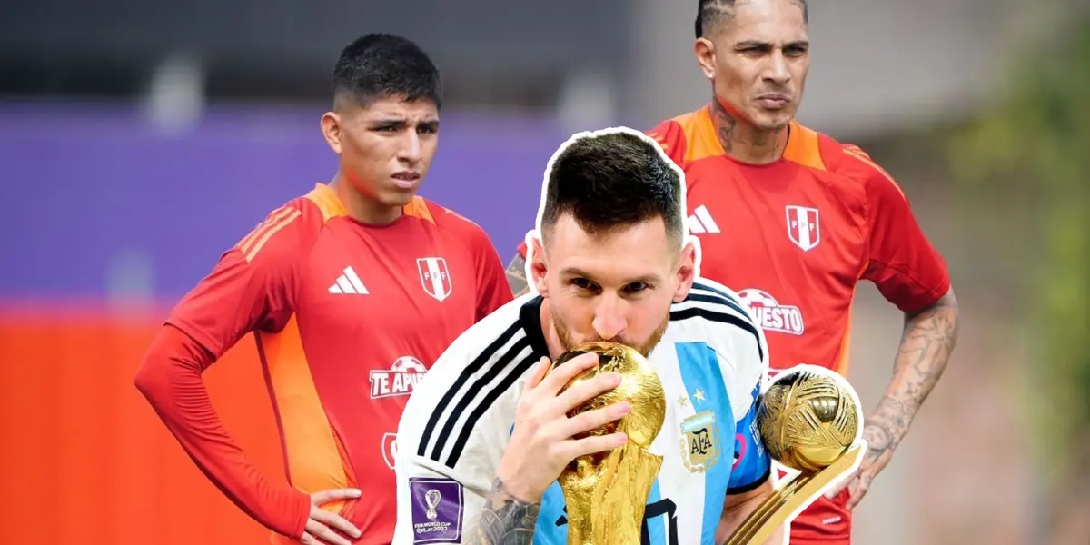 Lionel Messi besando el Mundial, Piero Quispe y Guerrero viendo serios (Foto: Andina) 