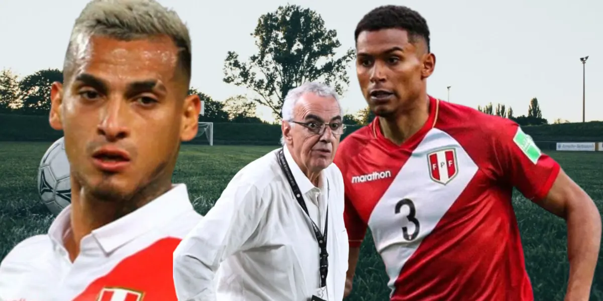 Marcos López y Miguel Trauco con la camiseta de Perú, Fossati mirando 