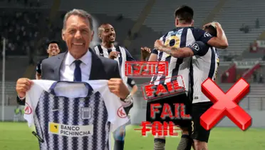 Miguel Ángel Russo posando con la camiseta de Alianza Lima y detrás los jugadores íntimos 