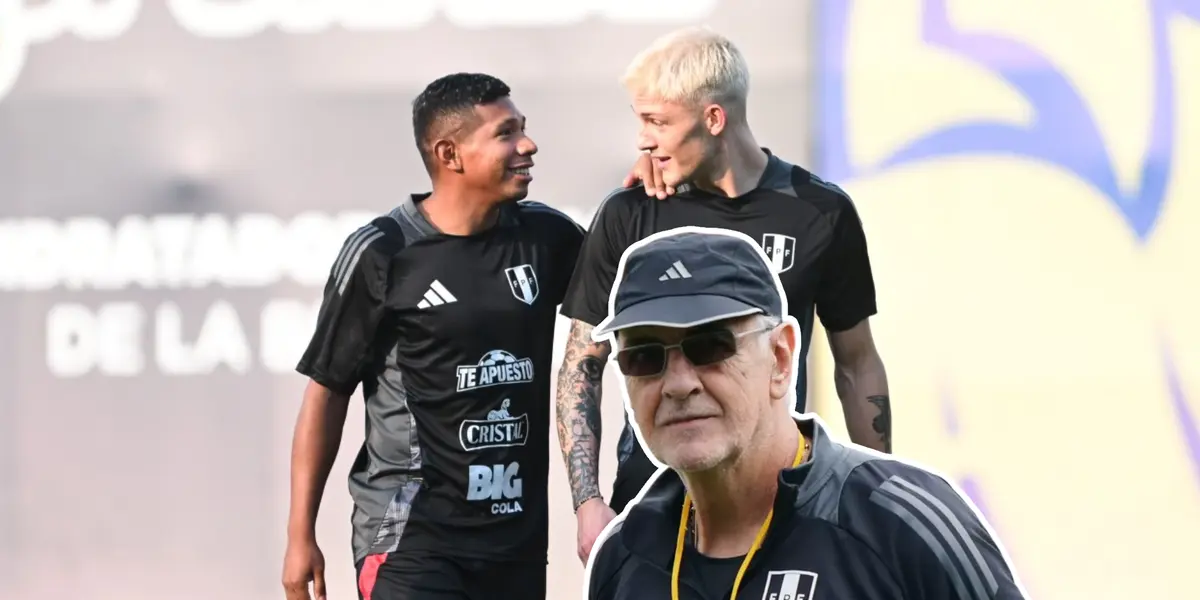 Oliver Sonne junto a Edison Flores en la Bicolor y Jorge Fossati viendo (Foto: Selección Peruana) 