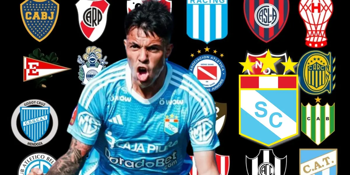 Santiago González vistiendo la camiseta de Sporting Cristal y detrás clubes de la Liga Argentina