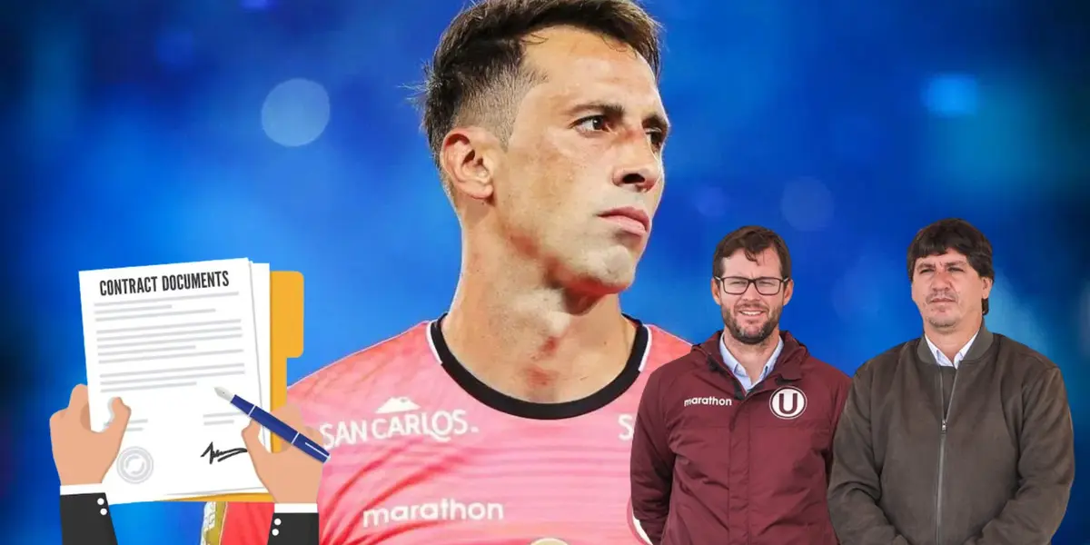 Sebastián Britos con camiseta de Universitario, debajo Manuel Barreto y Jean Ferrari