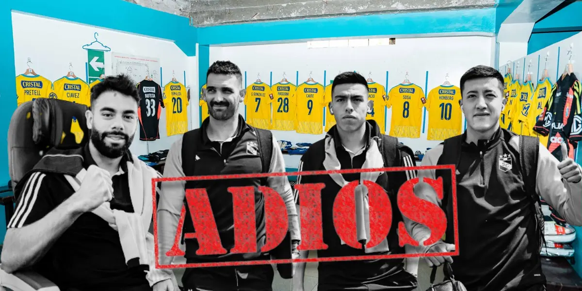 Sosa, Cauteruccio, Enríquez y Alarcón, de fondo el vestuario de Sporting Cristal en Cajabamba