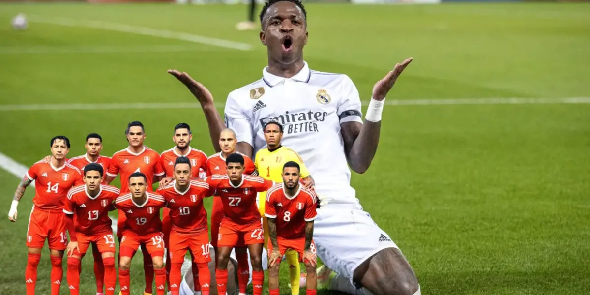 Vinicius Jr. celebrando con el Real Madrid y debajo la Selección Peruana posando para las cámaras