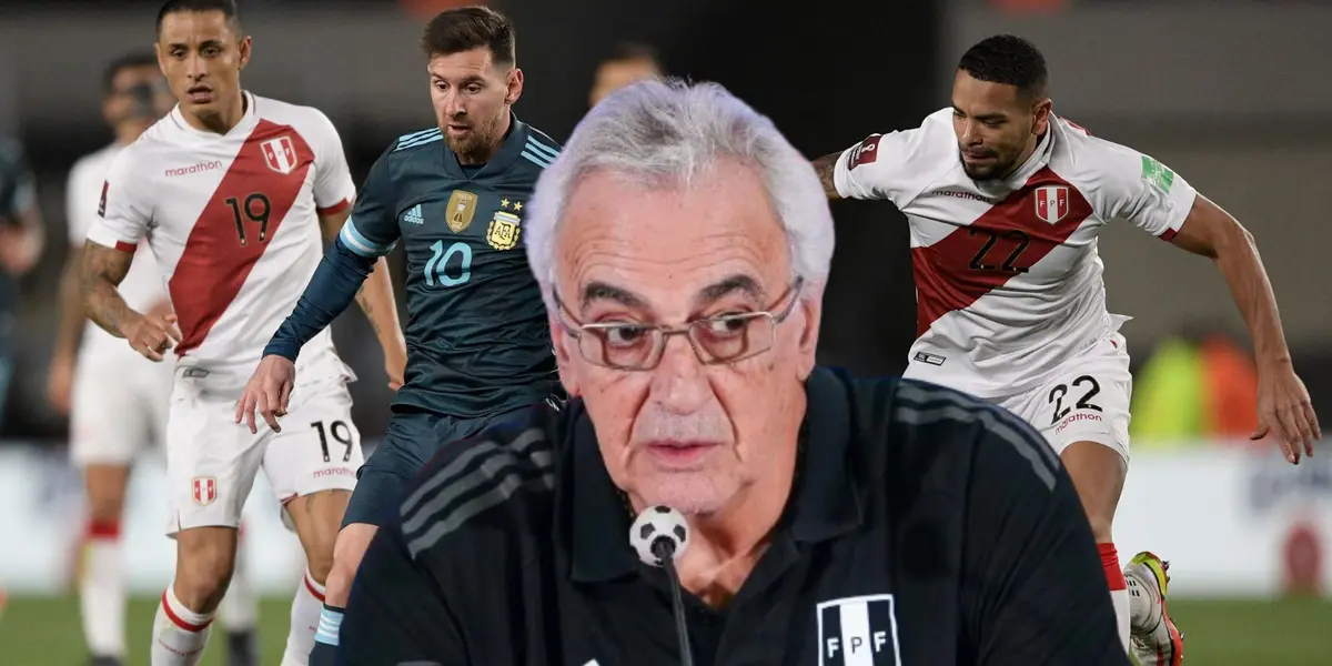 Yotún, Messi y Callens disputando una acción de juego, delante de ellos Jorge Fossati